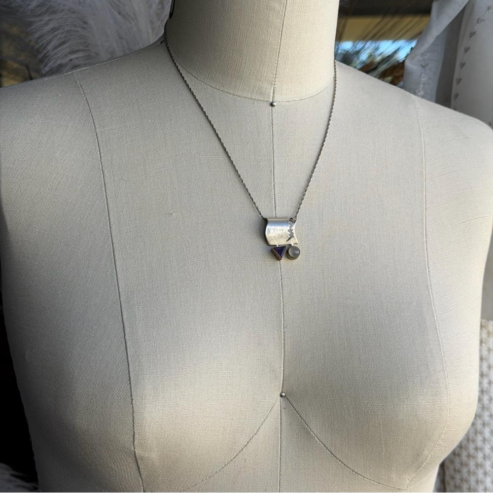 WRE Vintage Artisan Abstract Modernist Amethyst White Stone 925 Pendant Necklace - Picture 15 of 15